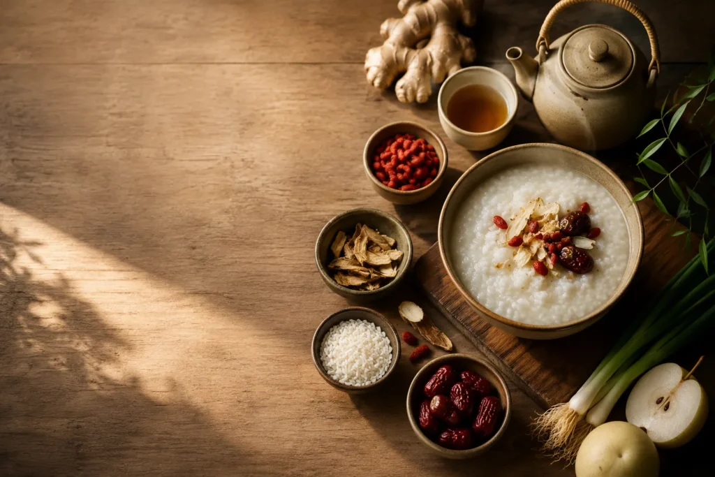TCM Nutrition Guide Featuring Ginger, Rice, Herbal Tea, and Balanced Chinese Foods